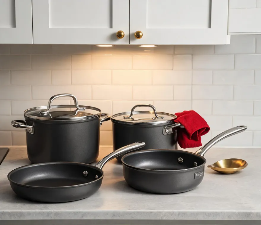 Calphalon cookware set on a warm modern kitchen counter